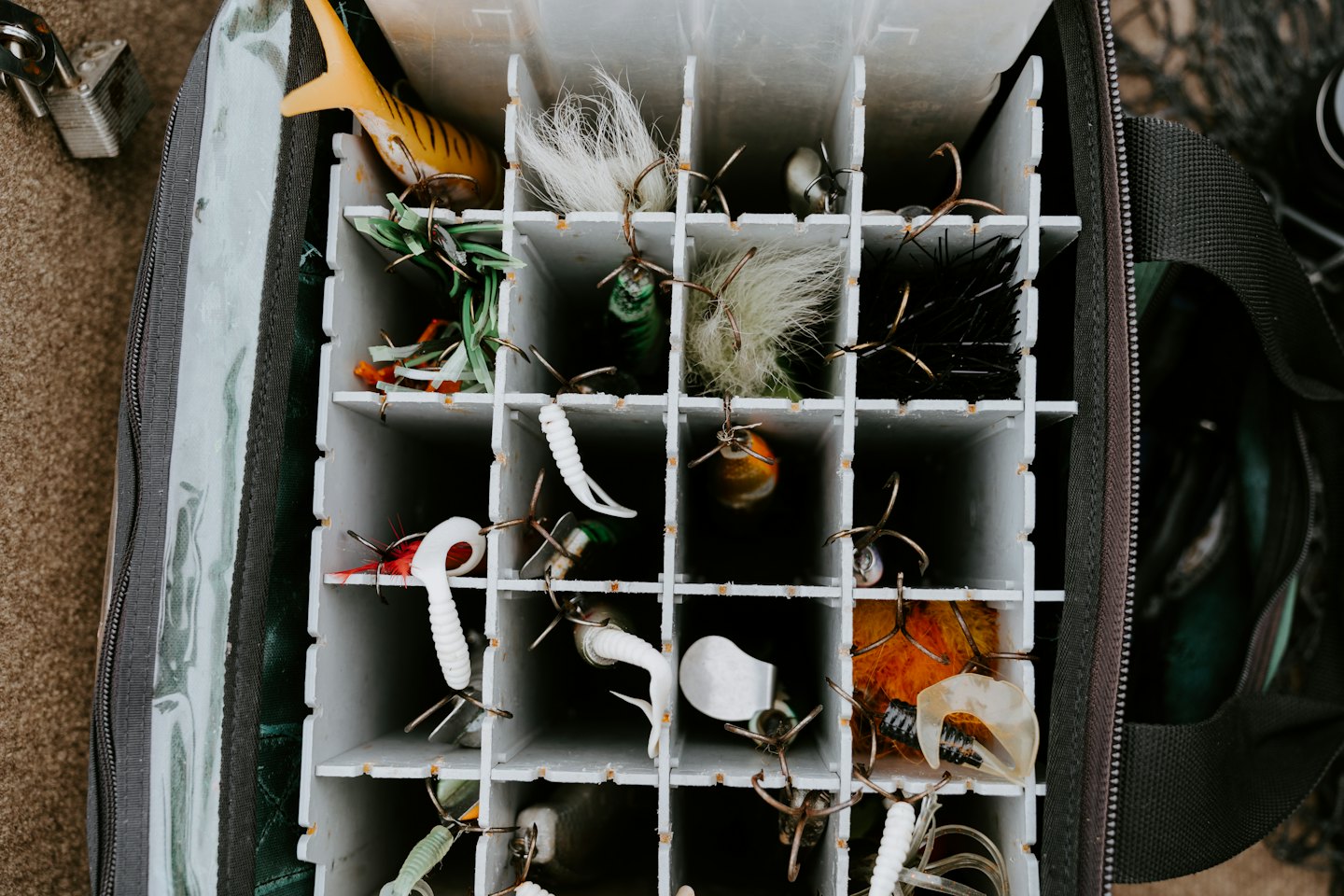 Services Fishing lures and hooks organized in a compartmentalized tackle box.