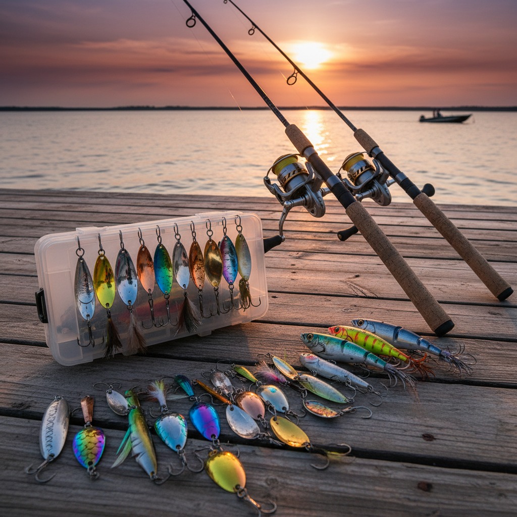 Home Two fishing rods rest on a wooden dock next to a tackle box and scattered lures, with a calm lake and sunset in the background.